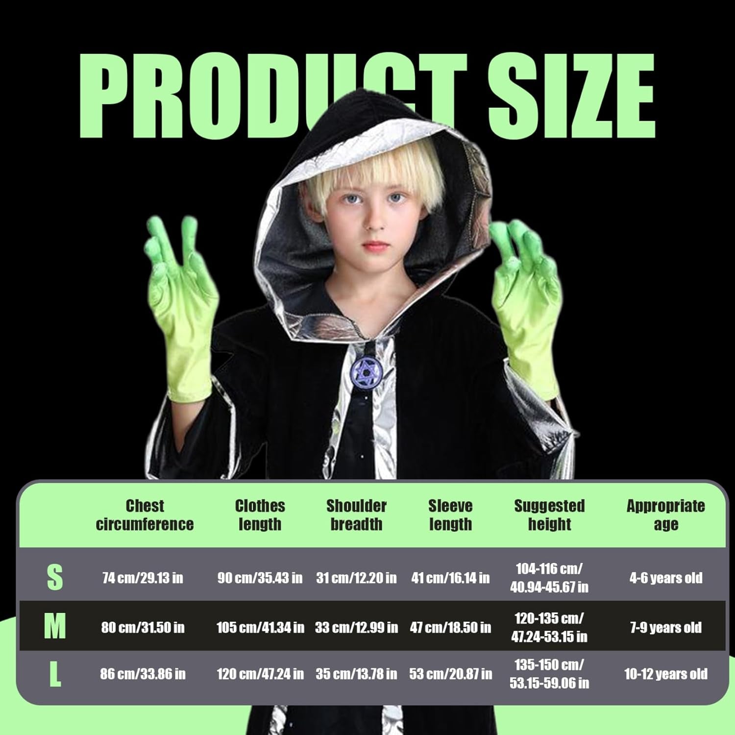 Alien Costume Kids Halloween Outfit - Hooded Robe, Mask, M Size