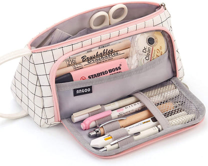 Big Capacity Pencil Case Pouch Pen Case Simple Stationery Bag School College Office Organizer for Teens Girls Adults Student, Plaid White, 8.4 X 4.5 X 1.4 Inches, Simple,Travel