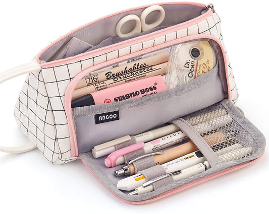 Big Capacity Pencil Case Pouch Pen Case Simple Stationery Bag School College Office Organizer for Teens Girls Adults Student, Plaid White, 8.4 X 4.5 X 1.4 Inches, Simple,Travel