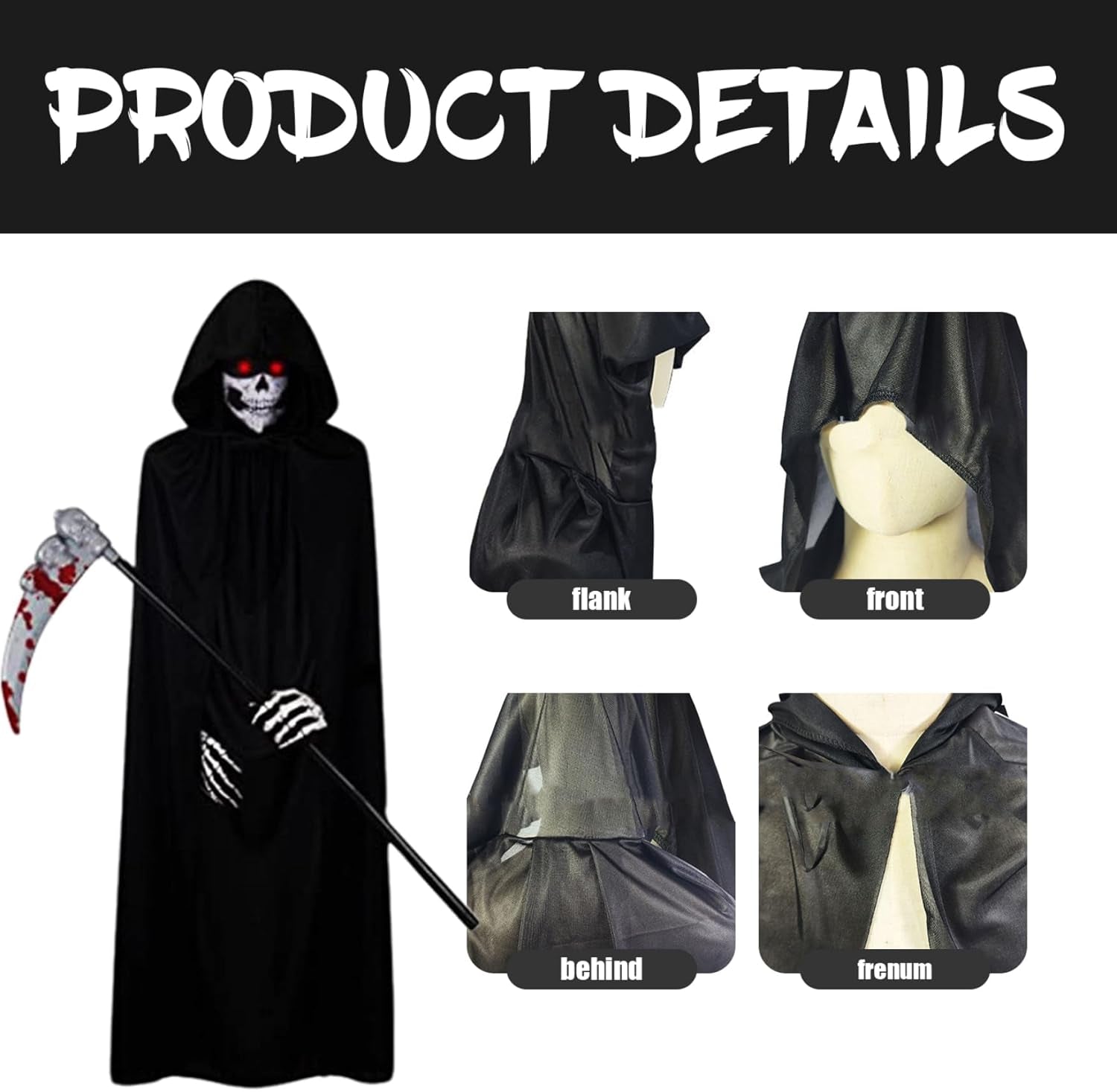 Scary Costumes,Grim Reaper Costume 5Pcs/Set for Kid-Small Glowing Eyes Cosplay Outfits for Kids Black Scary Halloween