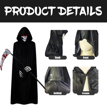 Scary Costumes,Grim Reaper Costume 5Pcs/Set for Kid-Small Glowing Eyes Cosplay Outfits for Kids Black Scary Halloween