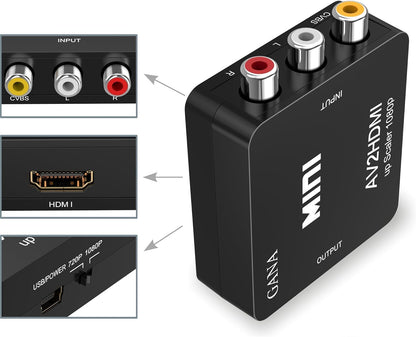 RCA to HDMI, 1080P Mini RCA Composite CVBS AV to HDMI Video Audio Converter Adapter Supporting PAL/NTSC with USB Charge Cable for PC Laptop Xbox PS4 PS3 TV STB VHS VCR Camera DVD