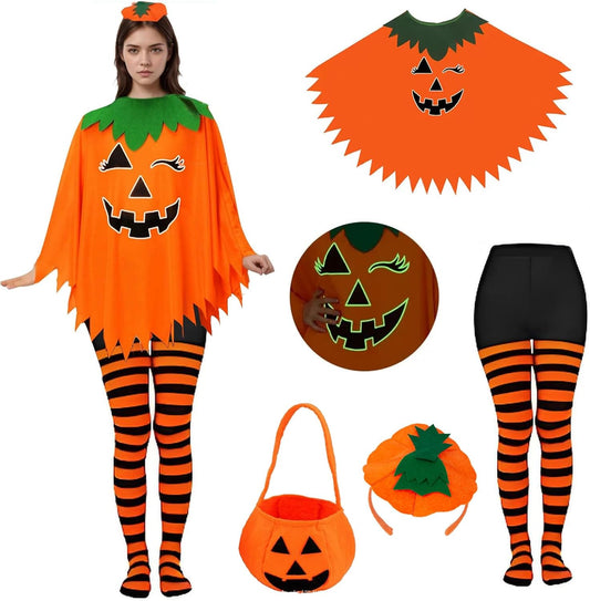 Pumpkin Costume Women,4Pcs Pumpkin Poncho with Headband and Candy Bag for Halloween Costume (Orange, Adult)