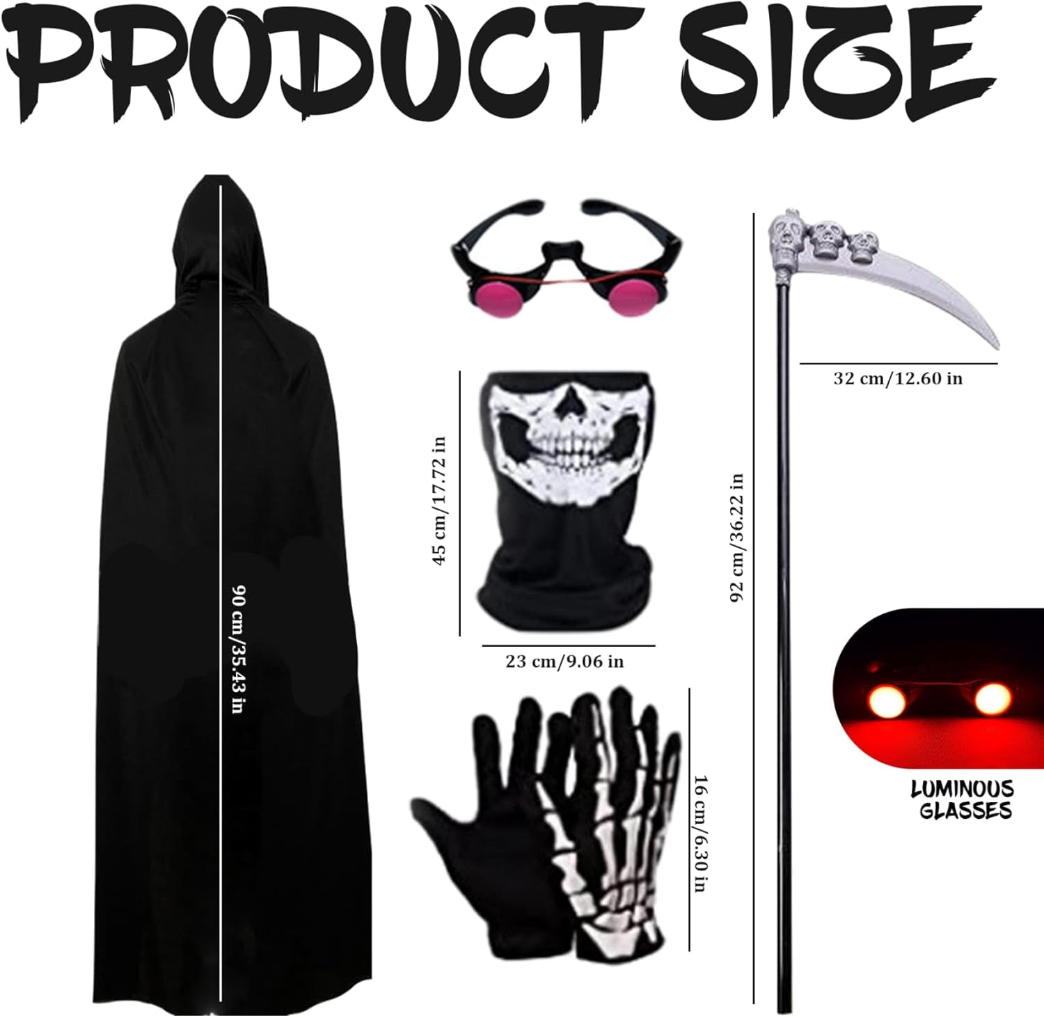 Scary Costumes,Grim Reaper Costume 5Pcs/Set for Kid-Small Glowing Eyes Cosplay Outfits for Kids Black Scary Halloween