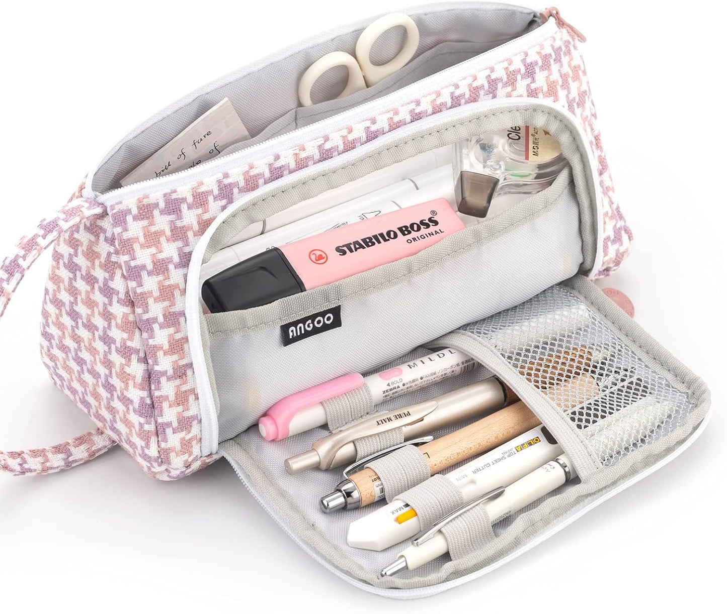 Big Capacity Pencil Case Pouch Pen Case Simple Stationery Bag School College Office Organizer for Teens Girls Adults Student, Plaid White, 8.4 X 4.5 X 1.4 Inches, Simple,Travel