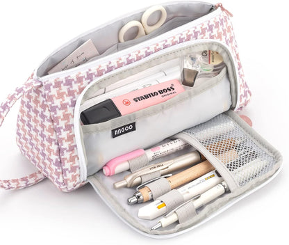 Big Capacity Pencil Case Pouch Pen Case Simple Stationery Bag School College Office Organizer for Teens Girls Adults Student, Plaid White, 8.4 X 4.5 X 1.4 Inches, Simple,Travel