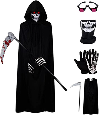 Scary Costumes,Grim Reaper Costume 5Pcs/Set for Kid-Small Glowing Eyes Cosplay Outfits for Kids Black Scary Halloween