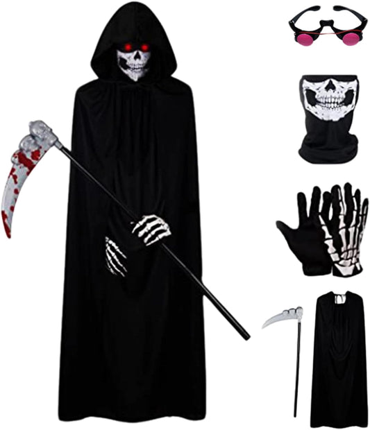 Scary Costumes,Grim Reaper Costume 5Pcs/Set for Kid-Small Glowing Eyes Cosplay Outfits for Kids Black Scary Halloween