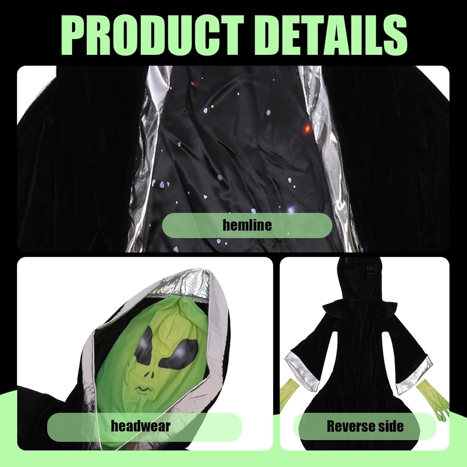 Alien Costume Kids Halloween Outfit - Hooded Robe, Mask, M Size