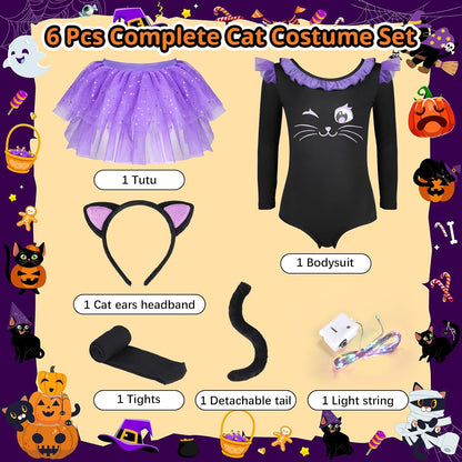 Cat Costume for Girls, Light up Black Cat Costume, Halloween Animal Dress up Costumes for Kids Age 3-9