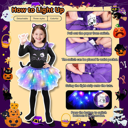Cat Costume for Girls, Light up Black Cat Costume, Halloween Animal Dress up Costumes for Kids Age 3-9