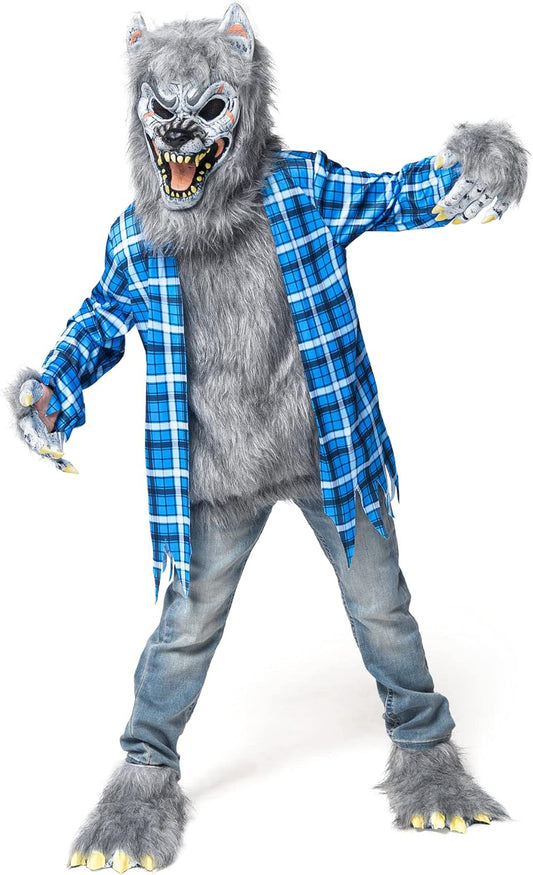 Boy Howling Werewolf Deluxe Costume with Mask, Werewolf Claws Gloves, Boot Covers, Wolf Costume Kids