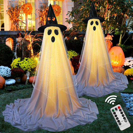2Packs Halloween Decorations Outdoor,Halloween Party Decorations Indoor,Spooky Ghost Decor with Remote Control String Lights,Halloween Ghost Lights for Porches Yards Gardens Lawn