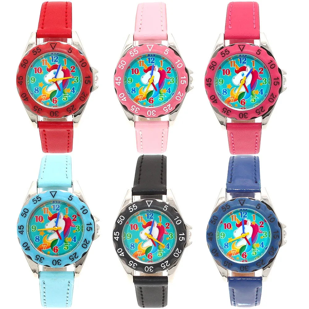 Cute Unicorn Girls Watch for Kids Girls Boy Leather Wristwatch Casual Watches Fashion Children Learn Time Watch Kids Watch
