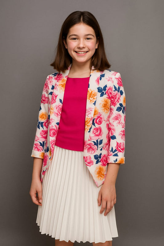 Blazer fleuri + haut rose + jupe plissée blanche - EVFET