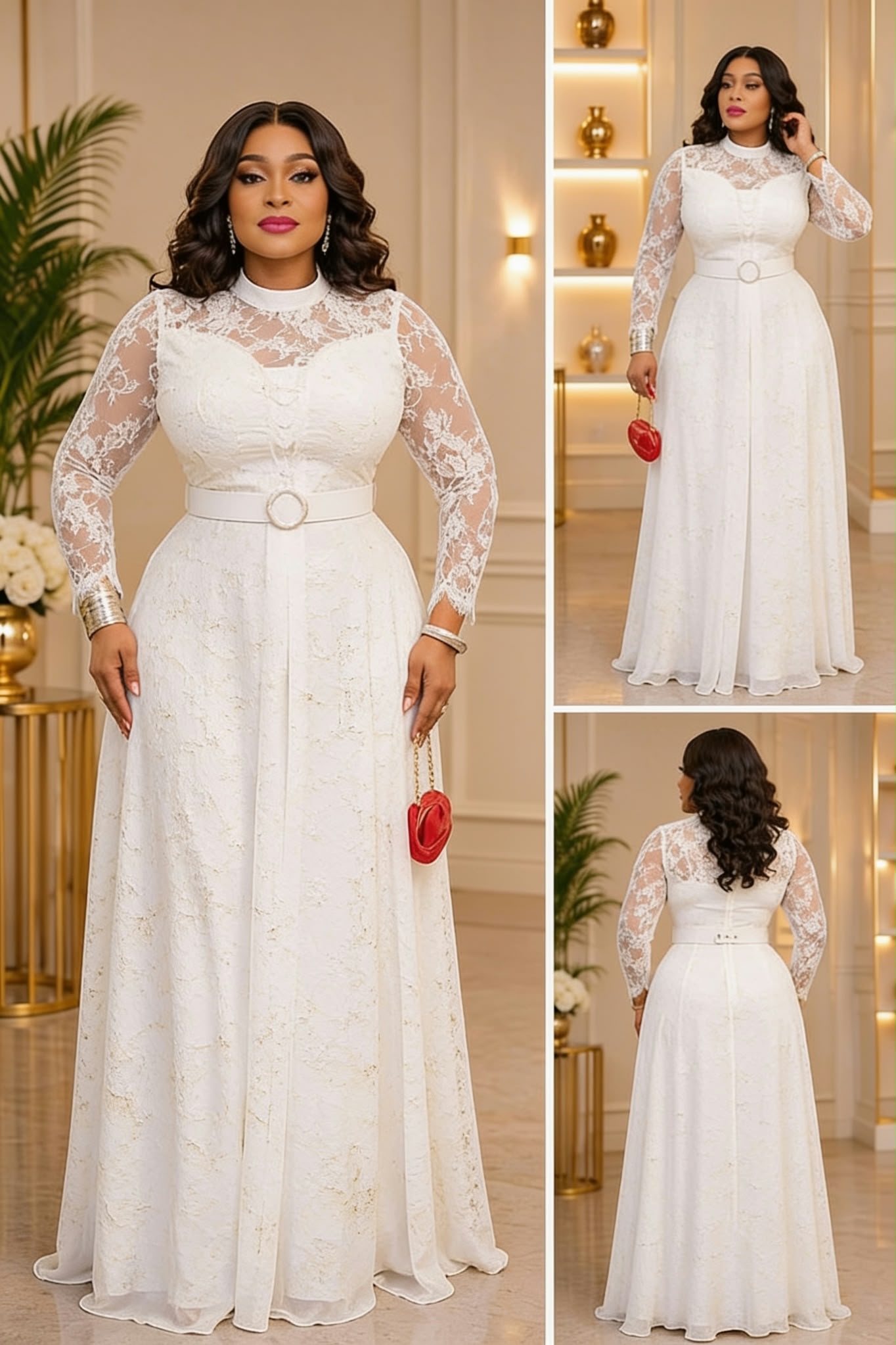Robe Longue Col Montant Manches Dentelle Ceinture Boucle