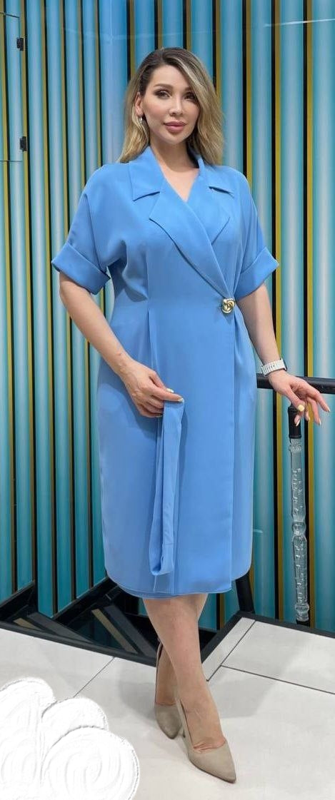 💙 Robe Bleu Ciel Ceinturée – Élégance Fraîche et Structure Décontractée - RFT
