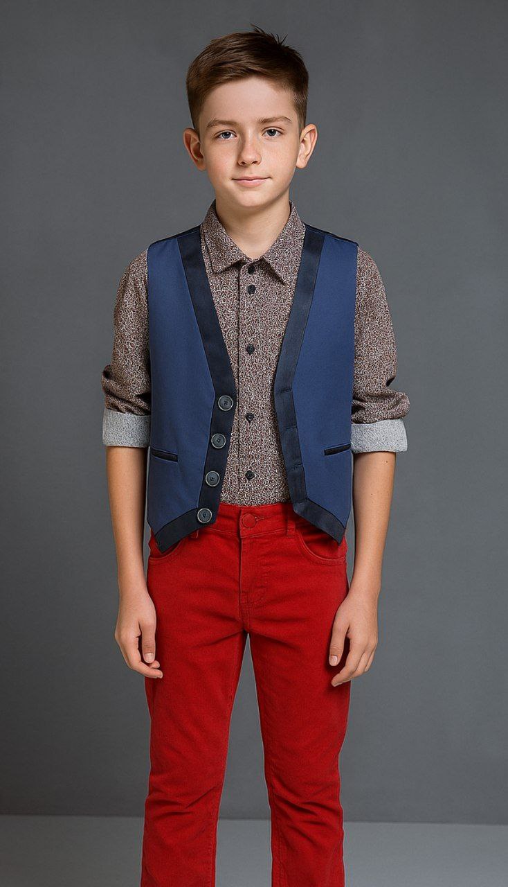 Chemise marron texturée + gilet bleu à bord noir + pantalon rouge vif - EEGT