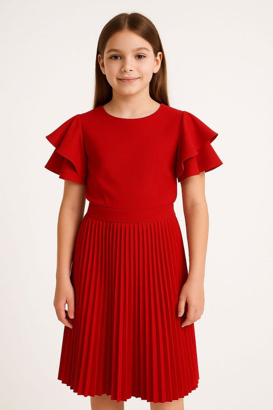 Robe rouge à manches courtes à volants + jupe plissée - REFT