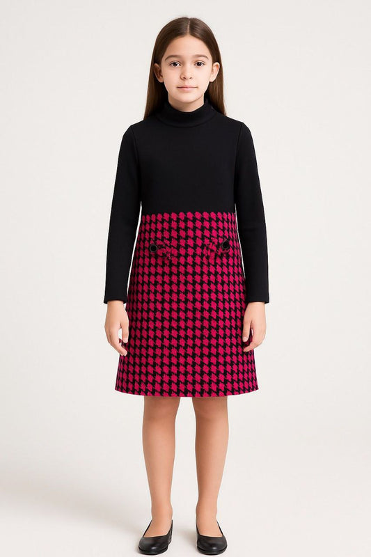 Robe noire à manches longues + jupe motif pied-de-poule rouge/noir - REFT