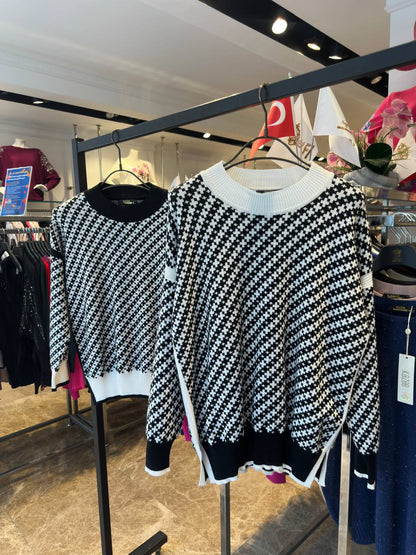 🤍 Pulls Pied-de-Poule Contrastés – Chic Vintage et Confort Moderne - HFT