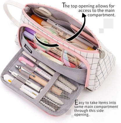 Big Capacity Pencil Case Pouch Pen Case Simple Stationery Bag School College Office Organizer for Teens Girls Adults Student, Plaid White, 8.4 X 4.5 X 1.4 Inches, Simple,Travel