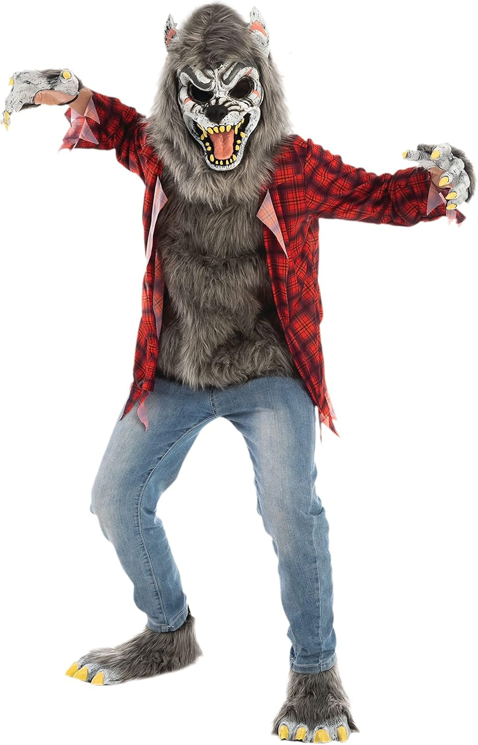 Boy Howling Werewolf Deluxe Costume with Mask, Werewolf Claws Gloves, Boot Covers, Wolf Costume Kids