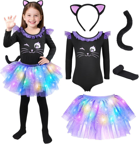 Cat Costume for Girls, Light up Black Cat Costume, Halloween Animal Dress up Costumes for Kids Age 3-9