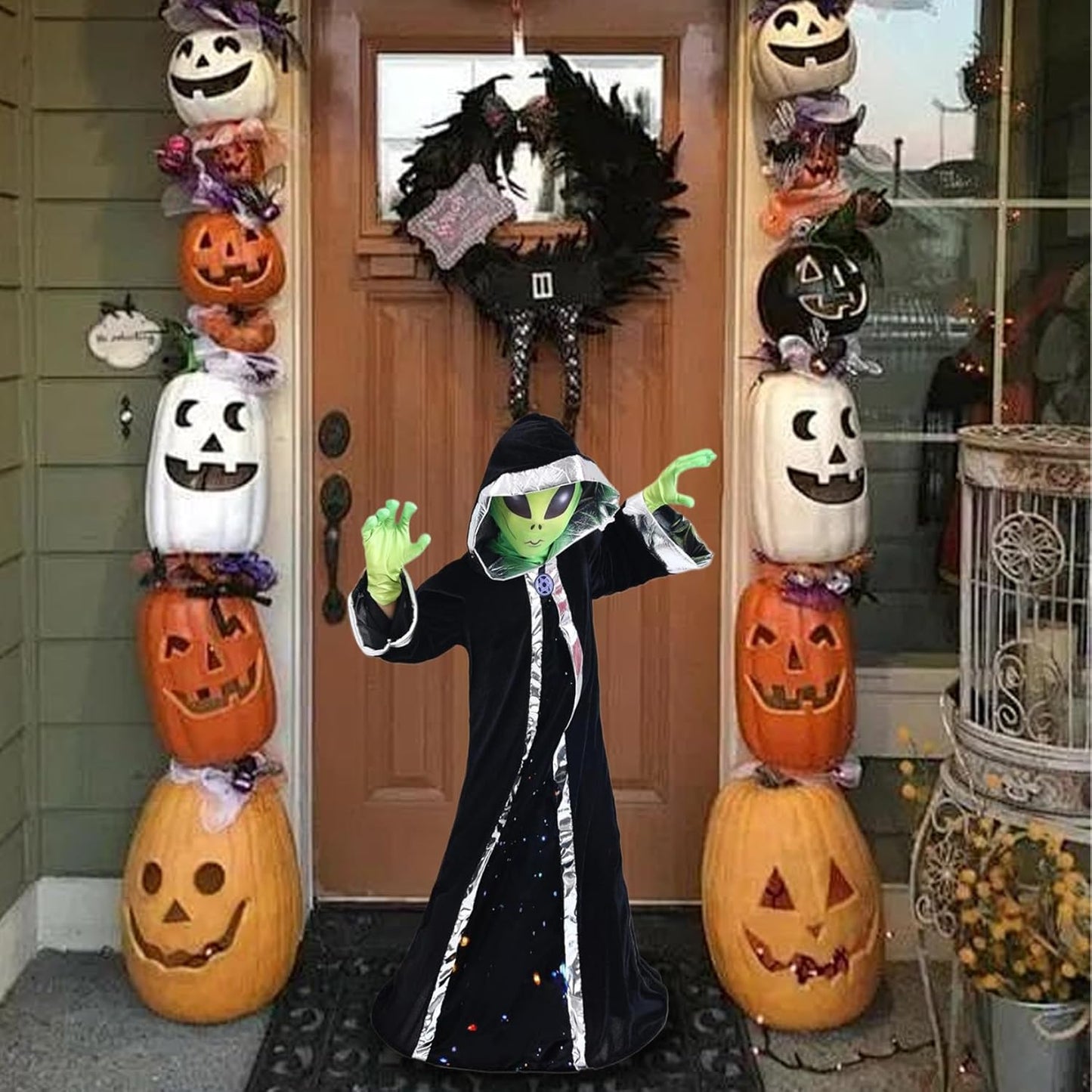 Alien Costume Kids Halloween Outfit - Hooded Robe, Mask, M Size