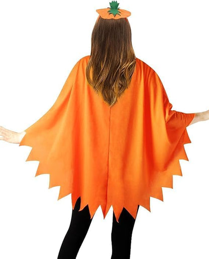 Pumpkin Costume Women,4Pcs Pumpkin Poncho with Headband and Candy Bag for Halloween Costume (Orange, Adult)