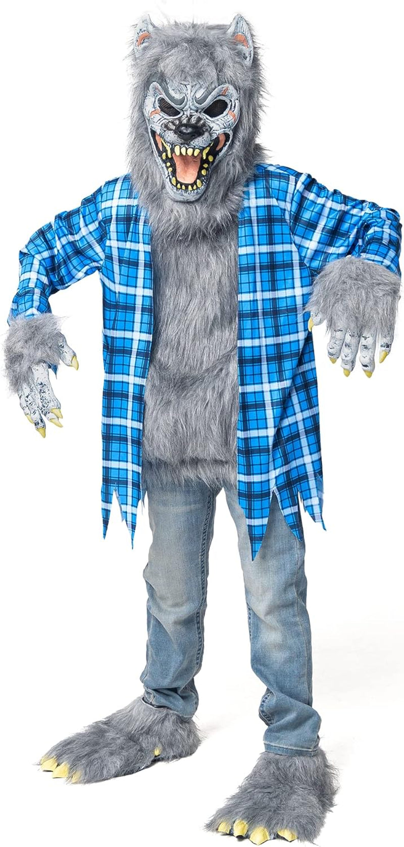 Boy Howling Werewolf Deluxe Costume with Mask, Werewolf Claws Gloves, Boot Covers, Wolf Costume Kids