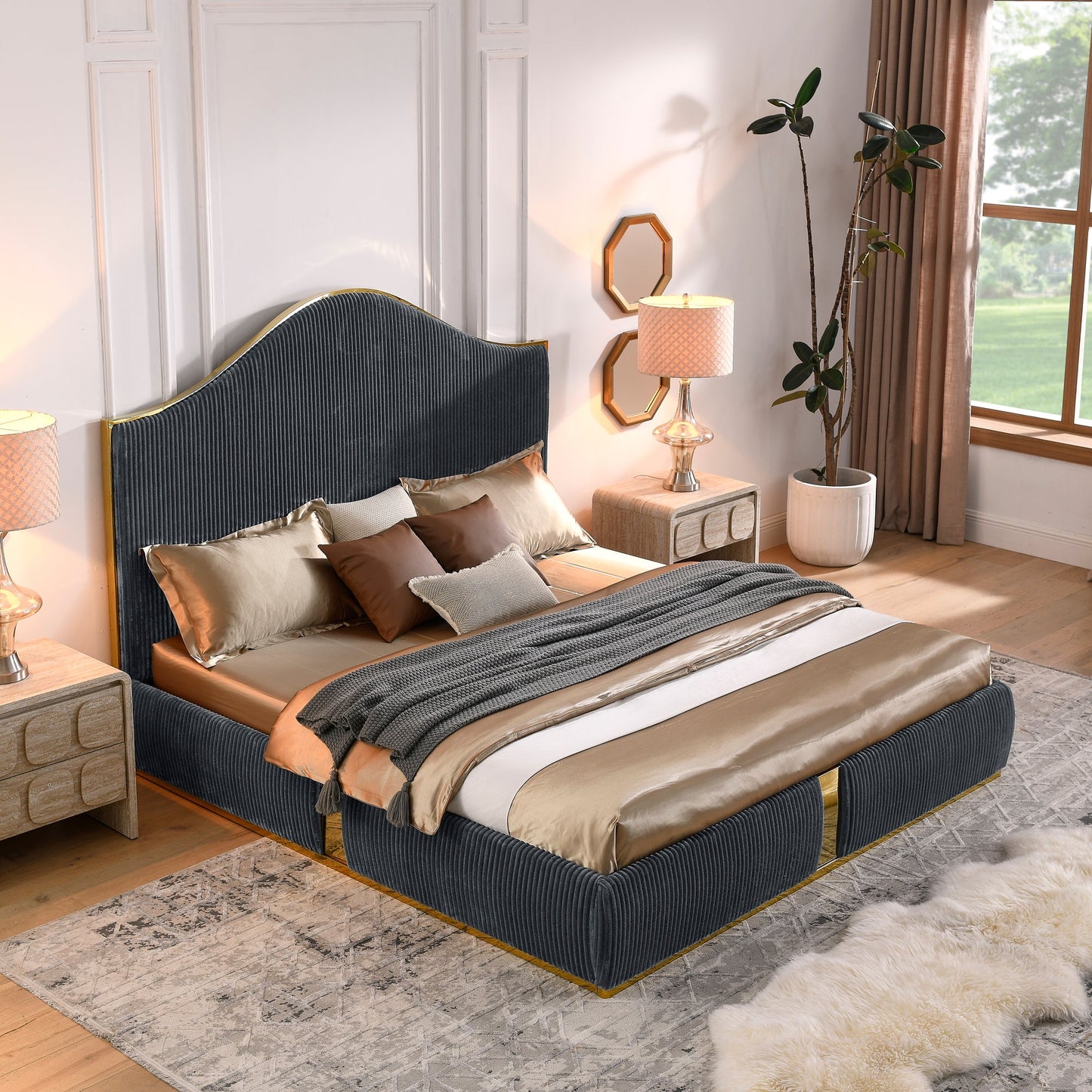 Corduroy Upholstered Bed Frame King Size 59.5" Tall  Headboard Queen Bed Frame Metal Decoration /No Box Spring Needed - MDIACI