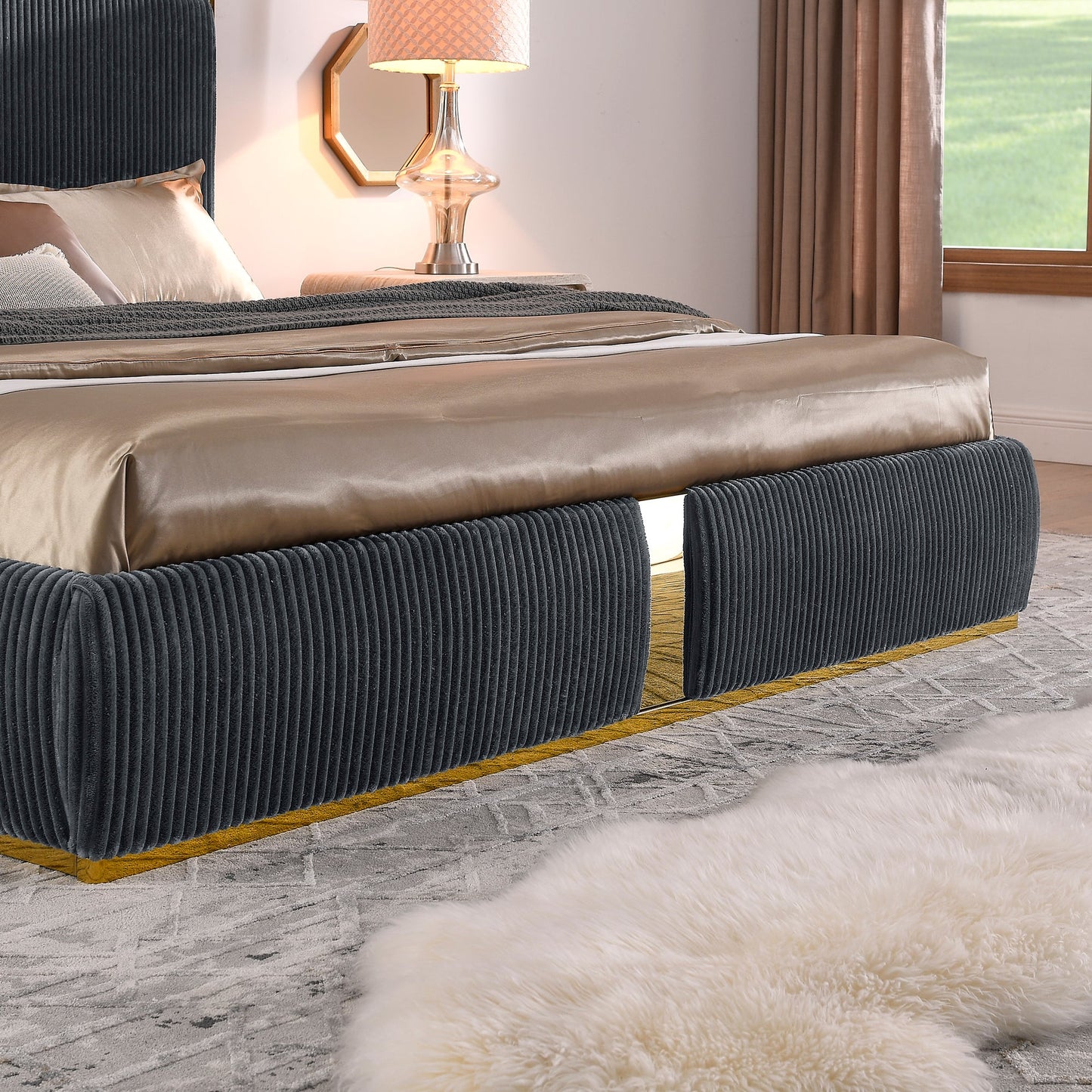 Corduroy Upholstered Bed Frame King Size 59.5" Tall  Headboard Queen Bed Frame Metal Decoration /No Box Spring Needed - MDIACI