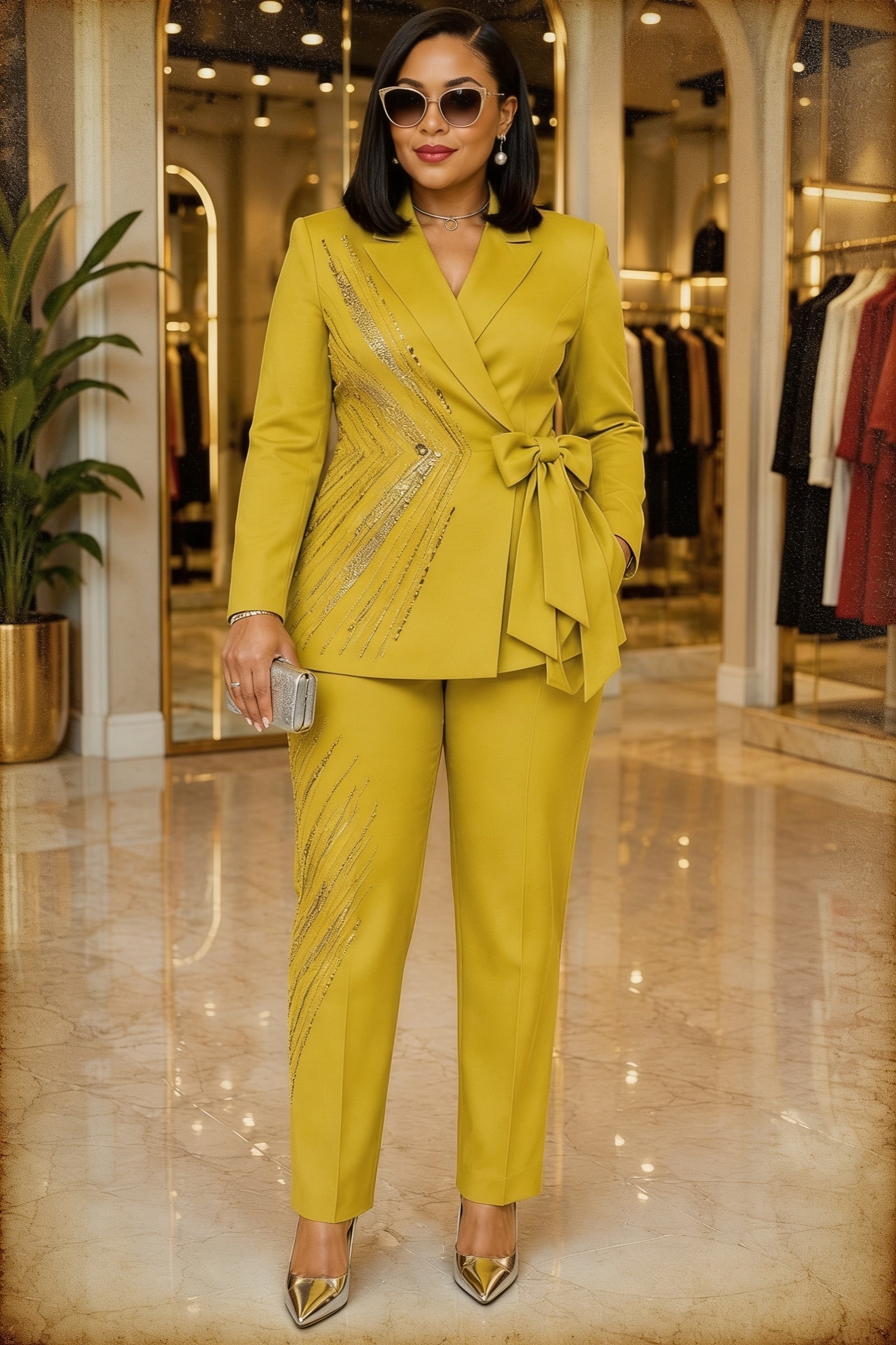 Ensemble Tailleur Blazer Croisé Brodé Cristaux Nœud Latéral - Vert Chartreuse