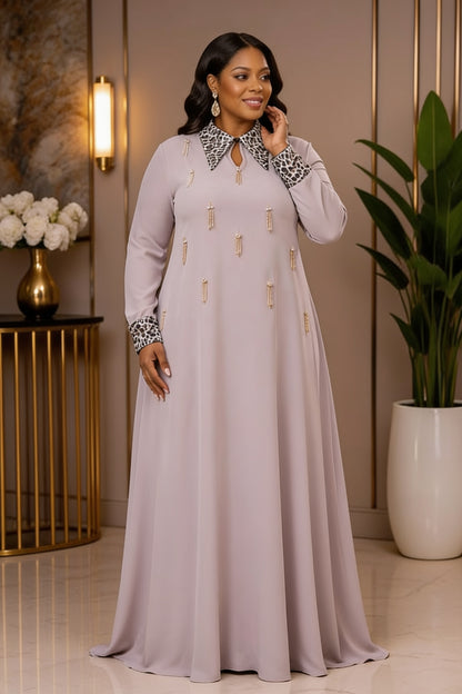 Robe Longue Col Chemise Léopard Broderies Glands Dorés - Noir