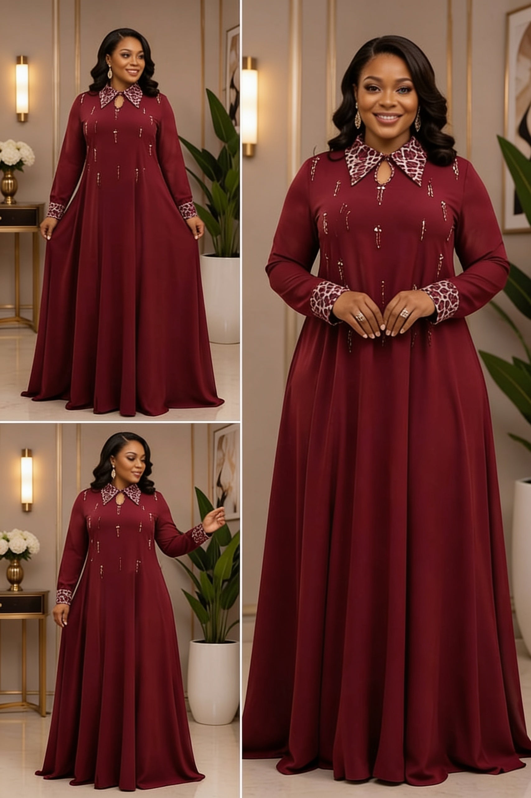 Robe Longue Col Chemise Léopard Broderies Glands Dorés - Noir (détail)