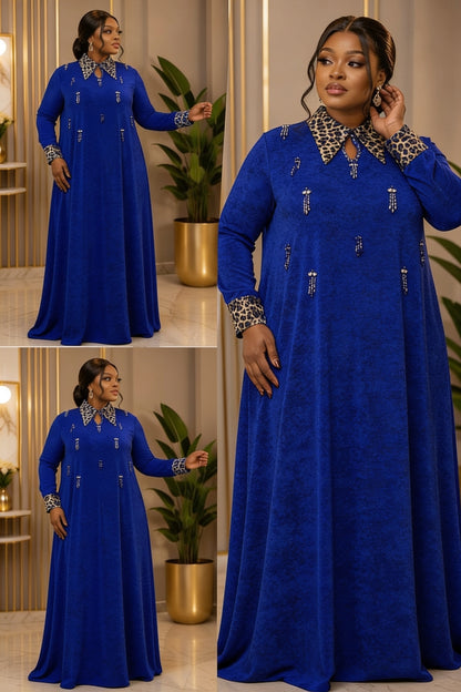 Robe Longue Col Chemise Léopard Broderies Glands Dorés - Bleu Royal (détail)