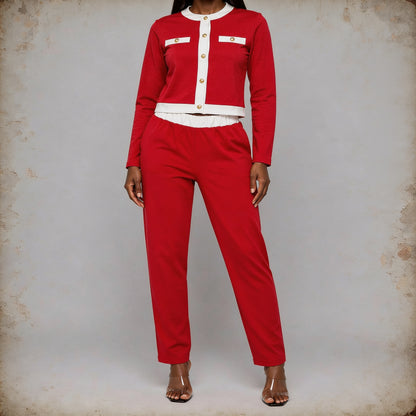 Ensemble Tailleur Veste Courte Col Rond Liseré Blanc Boutons Dorés - Rouge