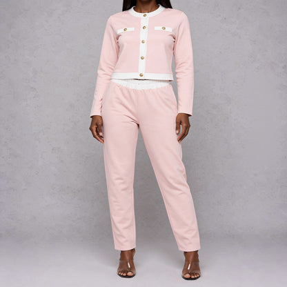 Ensemble Tailleur Veste Courte Col Rond Liseré Blanc Boutons Dorés - Rose Poudré