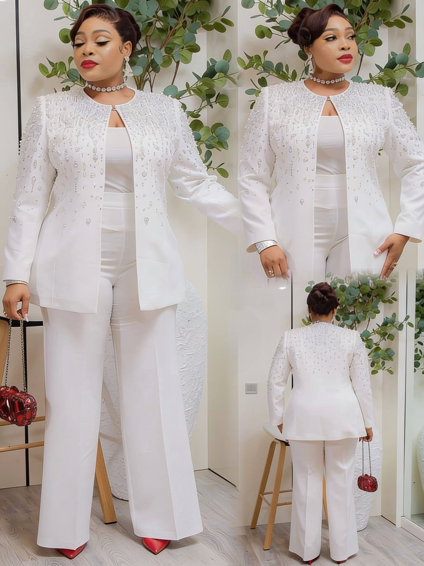 Ensemble tailleur veste perlée cristaux pantalon large - Blanc