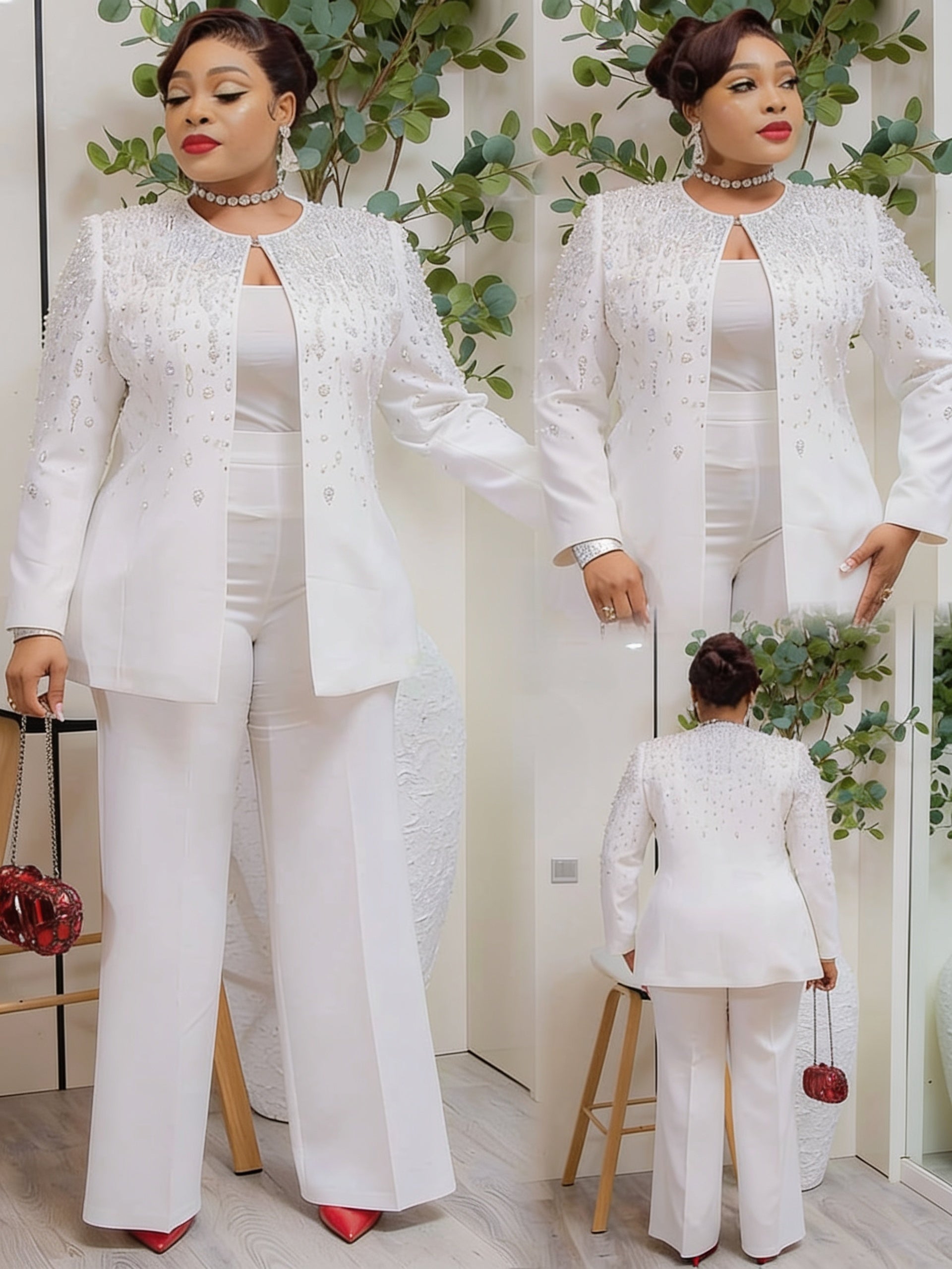 Ensemble tailleur veste perlée cristaux pantalon large - Blanc