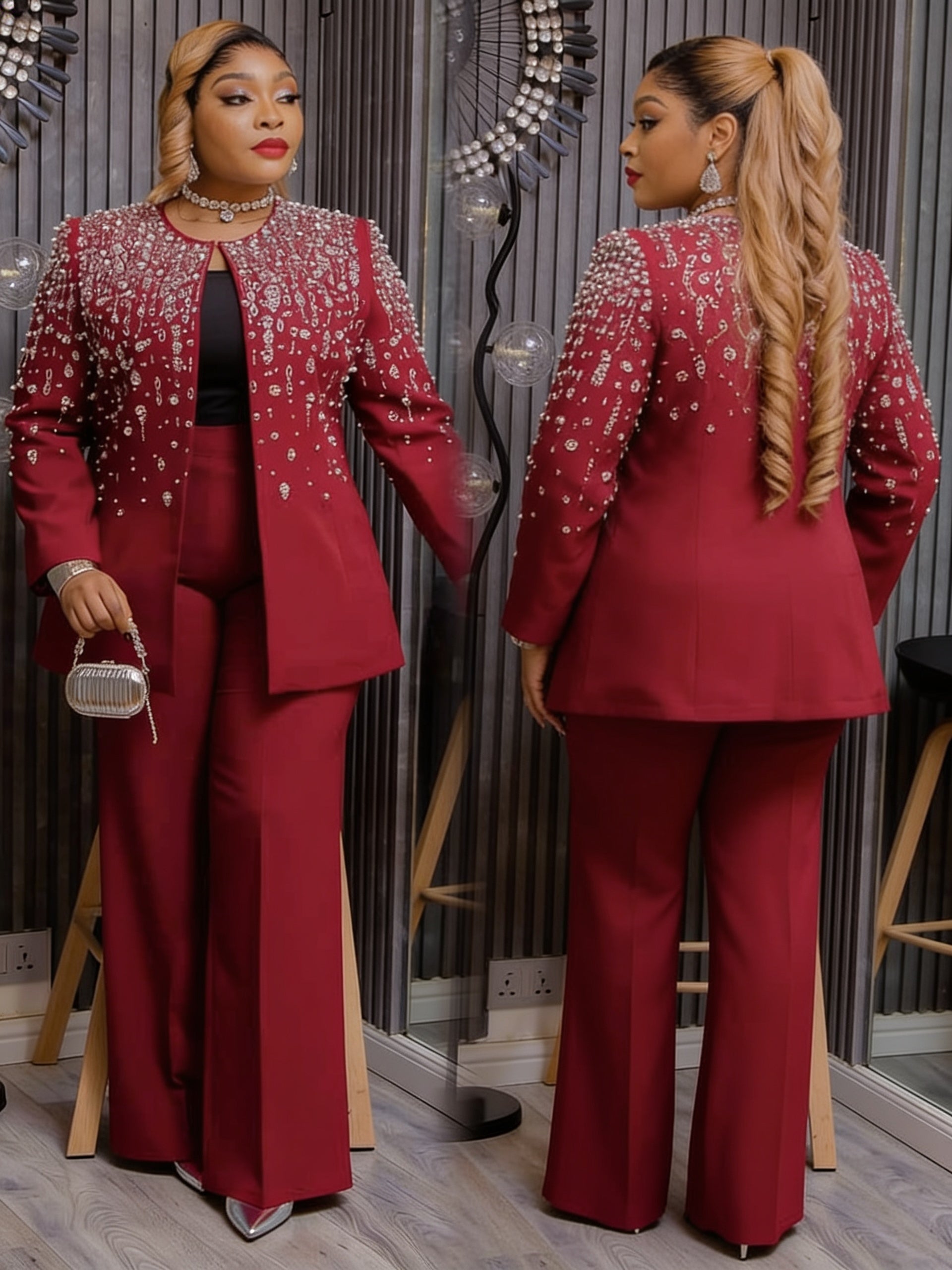 Ensemble tailleur veste perlée cristaux pantalon large - Bordeaux