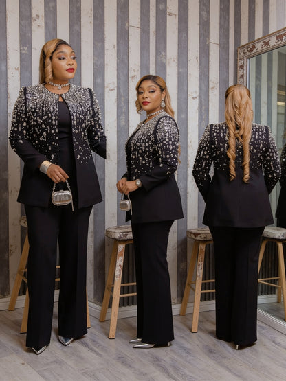 Ensemble tailleur veste perlée cristaux pantalon large - Noir