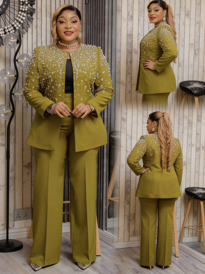 Ensemble tailleur veste perlée cristaux pantalon large - Kaki Olive