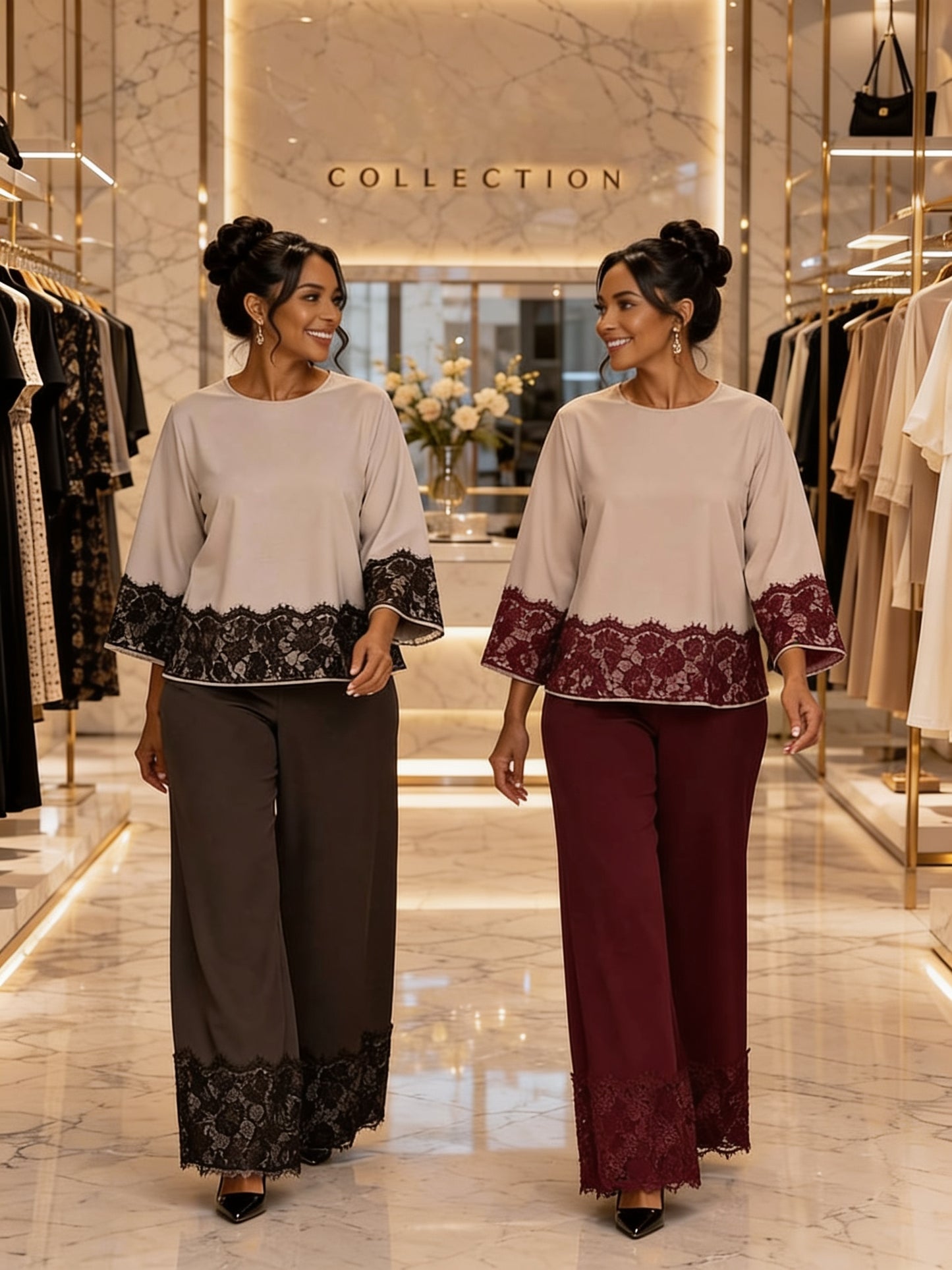 Ensemble 2 Pièces À Imprimé  Col Montant Manches Bouffantes et Pantalon