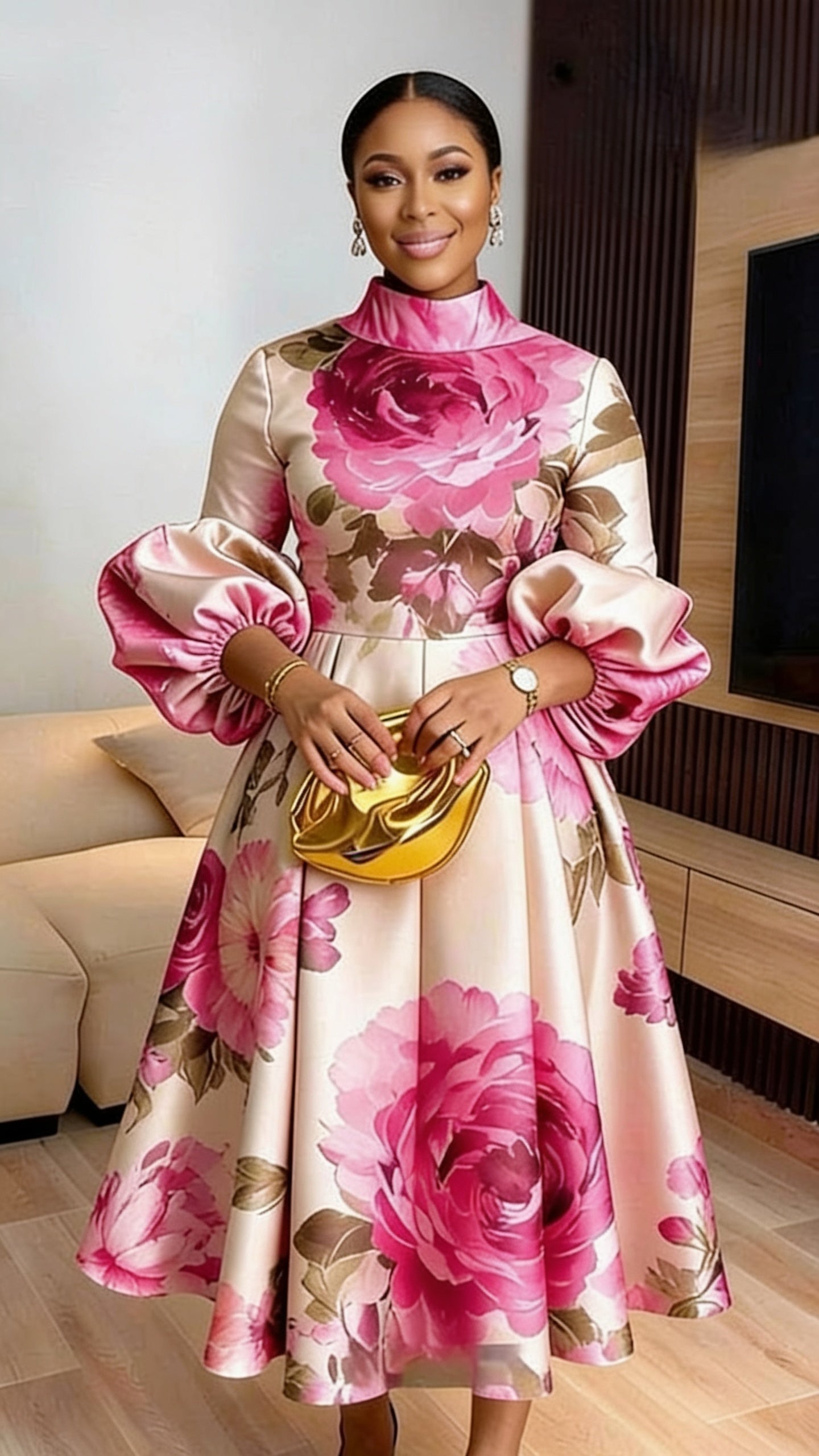 Robe mi-longue floral roses col montant manches bouffantes - Fuchsia Rose
