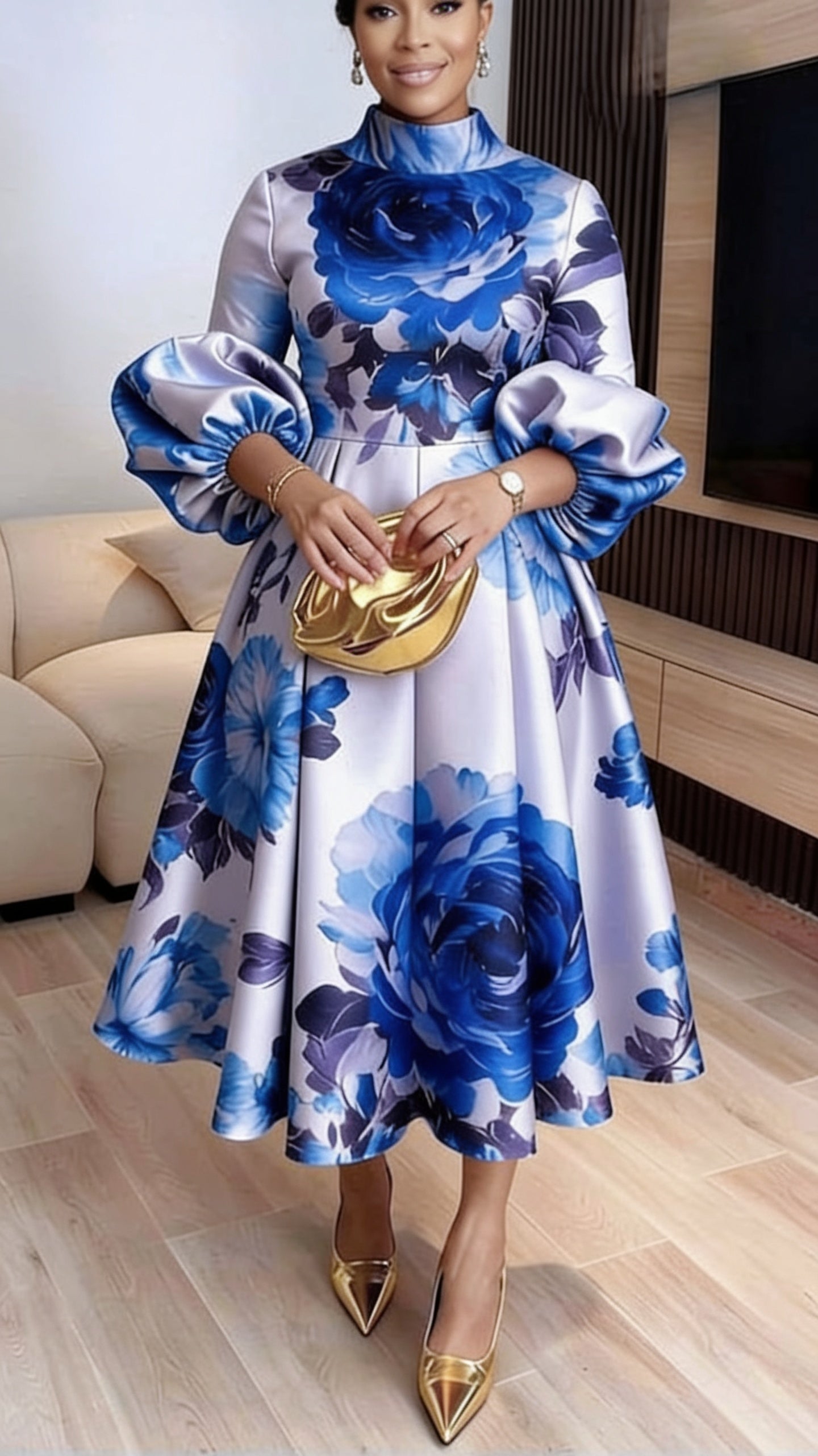 Robe mi-longue floral roses col montant manches bouffantes - Bleu Royal
