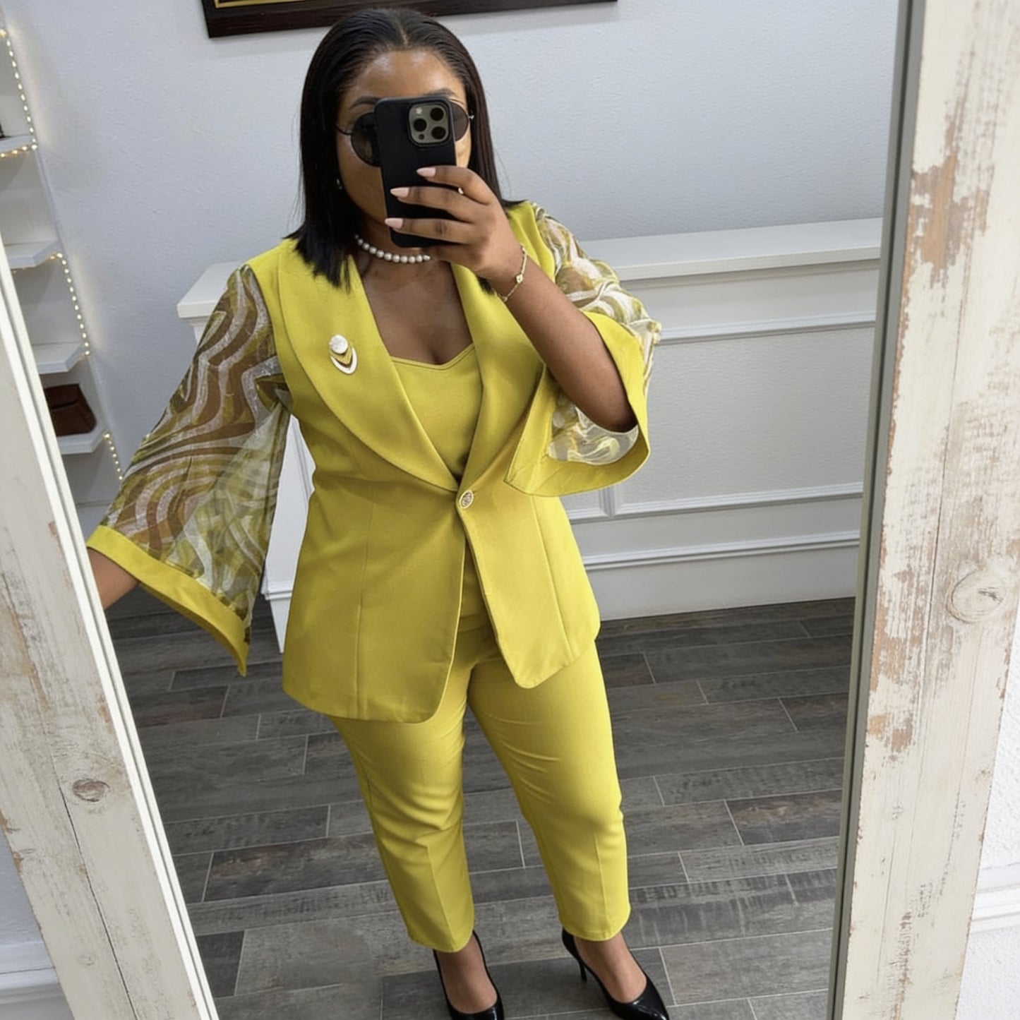 Ensemble 3 pièces blazer manches transparentes top pantalon - Jaune Chartreuse