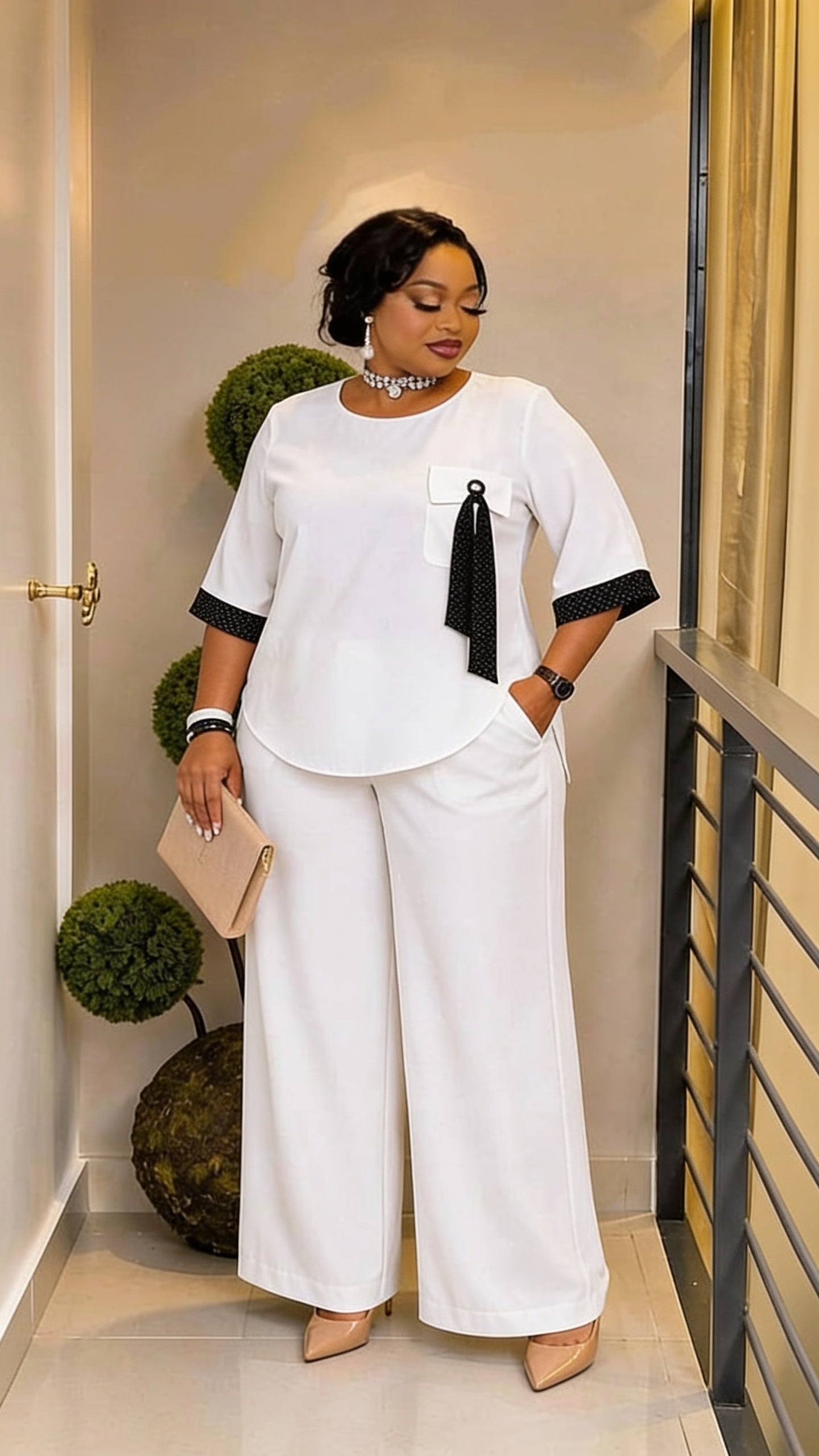 Ensemble 2 Pièces Top Col Rond Poignet Contrasté Foulard Pantalon Large - Blanc/Noir
