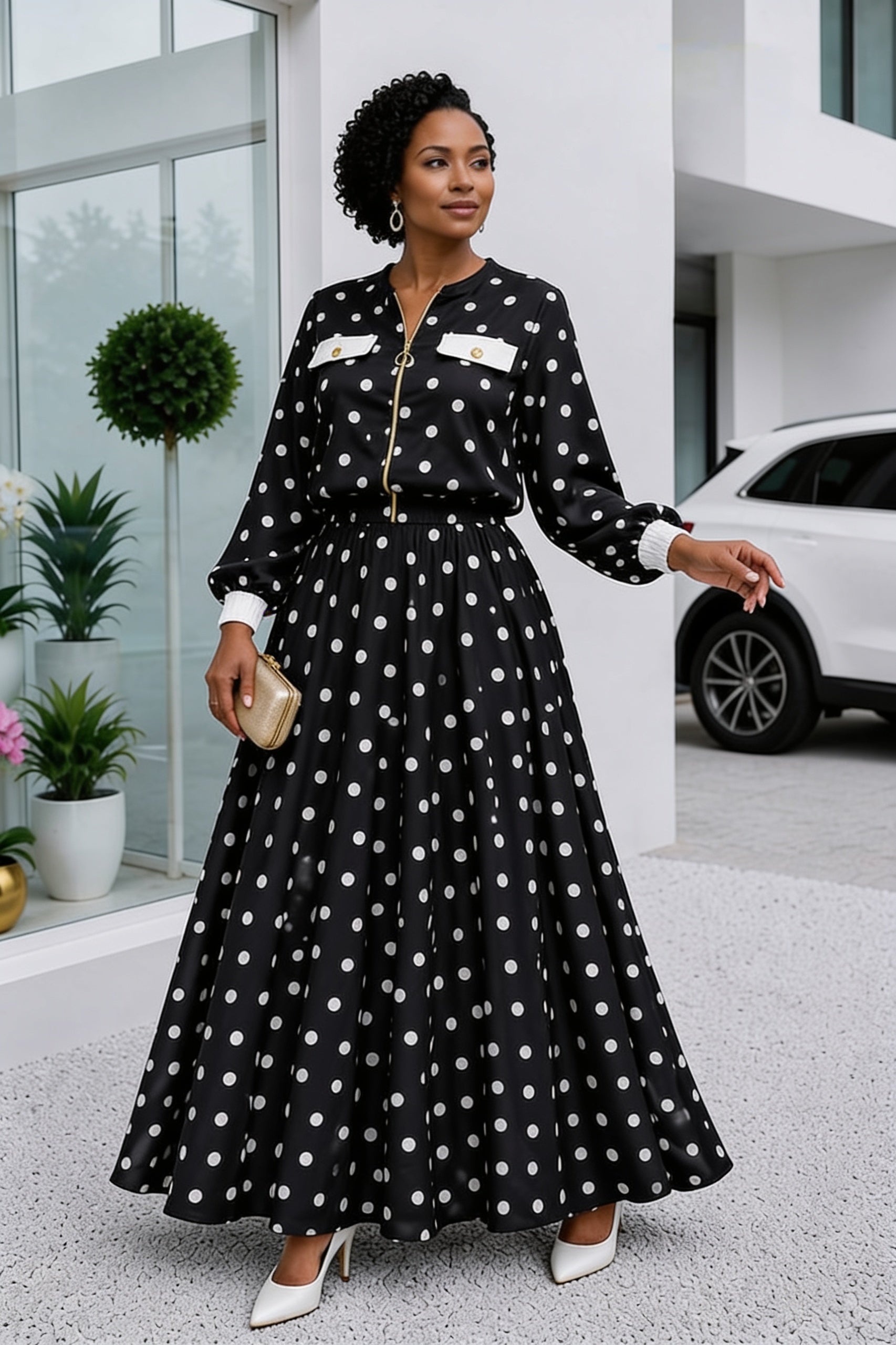 Robe mi-longue floral roses grises champagne col montant manches bouffantes - vue face